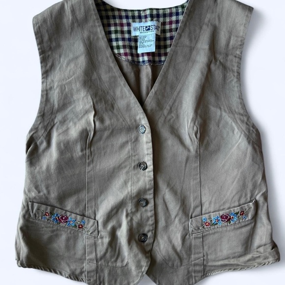 Vintage White Stag Brown Floral Embroidered Vest Cottagecore Boho Medium - Picture 2 of 8